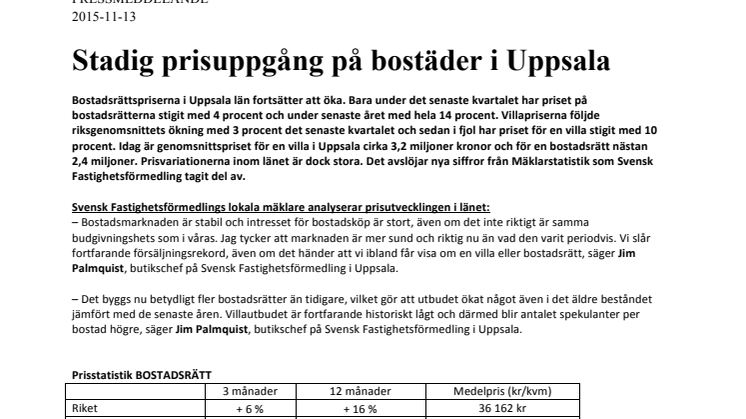 Stadig prisuppgång på bostäder i Uppsala 