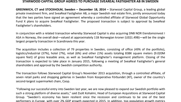 Starwood Capital Group agrees to purchase SveaReal