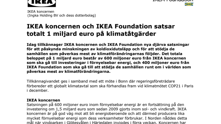 IKEA koncernen och IKEA Foundation satsar totalt 1 miljard euro på klimatåtgärder