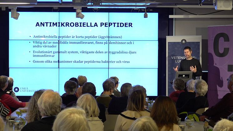 Hugo Lövheim föreläser om Alzheimer och virus vid en välbesökt Vetenskapslunch med Umeå universitet 16 februari 2023. Foto: Hans Karlsson.
