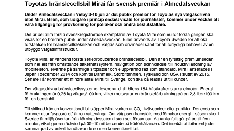 Toyotas bränslecellsbil Mirai får svensk premiär i Almedalsveckan