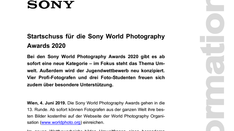 Startschuss für die Sony World Photography Awards 2020