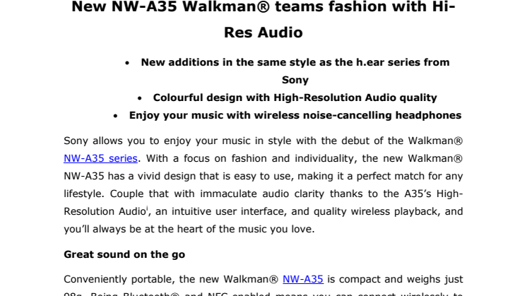 ​Sony lanserar nya NW-A35 Walkman med högkvalitativt ljud