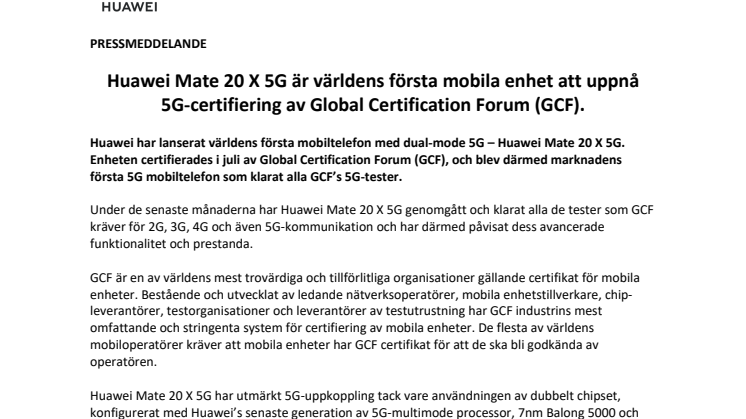 Huawei Mate 20 X 5G är världens första mobila enhet att uppnå 5G-certifiering av Global Certification Forum (GCF)