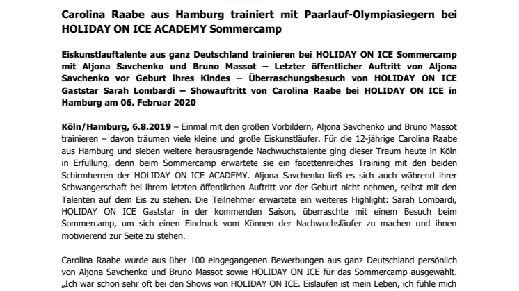Carolina Raabe aus Hamburg trainiert mit Paarlauf-Olympiasiegern bei HOLIDAY ON ICE ACADEMY Sommercamp 