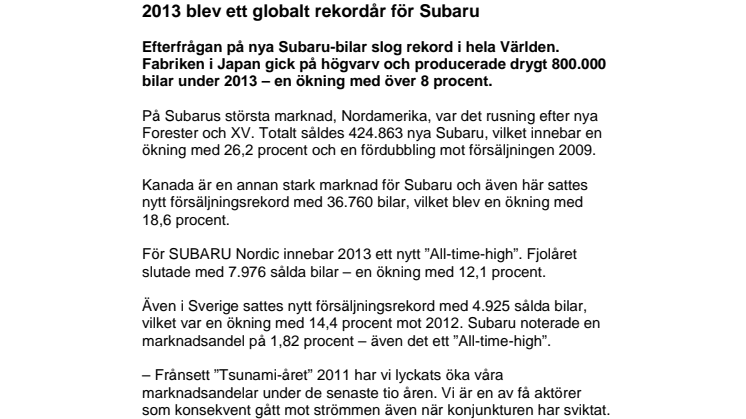 2013 blev ett globalt rekordår för Subaru