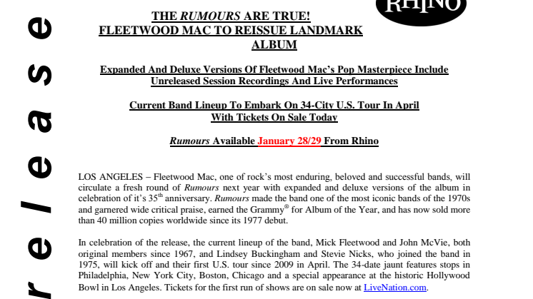 Fleetwood Mac original Rhino press release