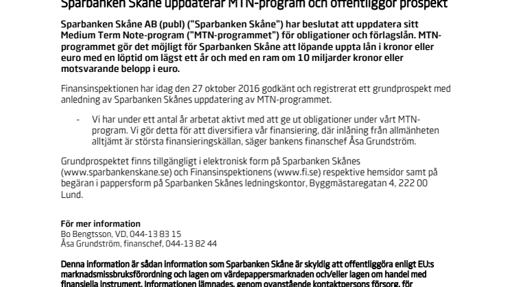 Sparbanken Skåne uppdaterar MTN-program och offentliggör prospekt
