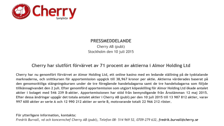 Cherry har slutfört förvärvet av 71 procent av aktierna i Almor Holding Ltd
