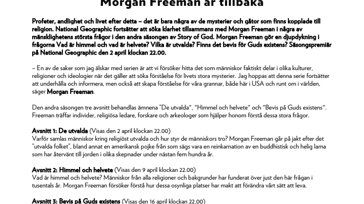 Emmynominerade Story of God med  Morgan Freeman är tillbaka