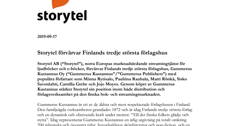 Storytel förvärvar Finlands tredje största förlagshus