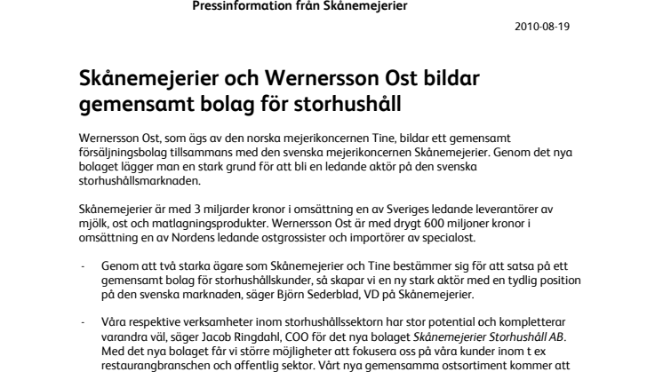 Skånemejerier och Wernersson Ost bildar gemensamt bolag för storhushåll