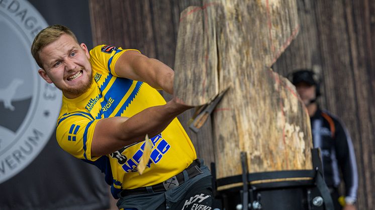 Svenske Emil Hansson, 22, vann Nordiska Mästerskapen i TIMBERSPORTS® 2023, efter ett dramatiskt avgörande i finalgrenen. Foto: STIHL TIMBERSPORTS®.