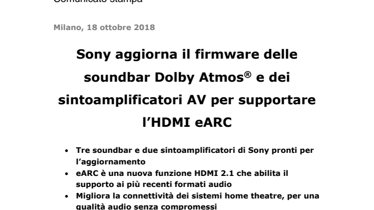 Sony aggiorna il firmware delle soundbar Dolby Atmos® e dei sintoamplificatori AV per supportare l’HDMI eARC