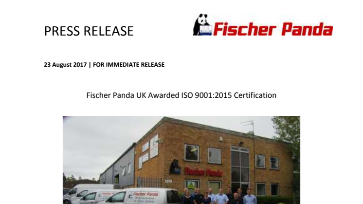 Fischer Panda UK Awarded ISO 9001:2015 Certification
