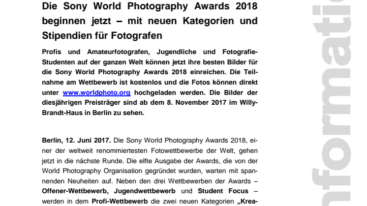 Die Sony World Photography Awards 2018 beginnen jetzt – mit neuen Kategorien und Stipendien für Fotografen