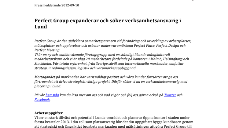 Perfect Group expanderar och söker verksamhetsansvarig i Lund