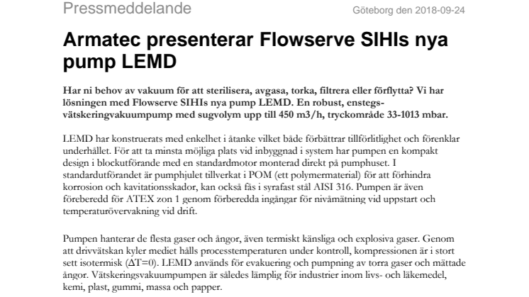 Armatec presenterar Flowserve SIHIs nya pump LEMD