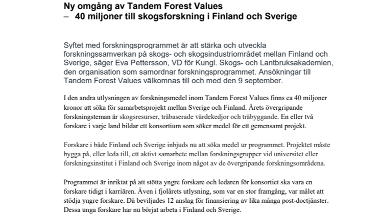 Ny omgång av Tandem Forest Values – 40 miljoner till skogsforskning i Finland och Sverige