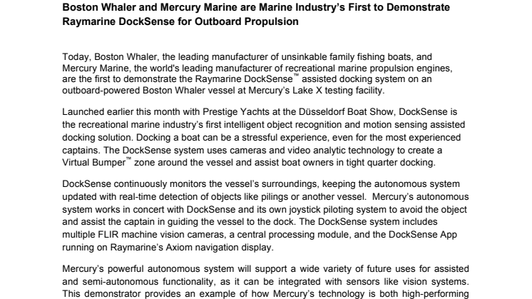 Boston Whaler and Mercury Marine are Marine Industry’s First to Demonstrate Raymarine DockSense for Outboard Propulsion 
