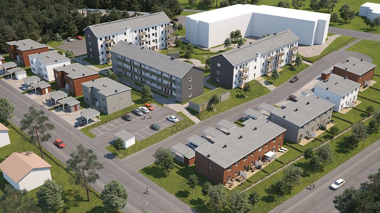 Översiktsillustration av det nya området, med BoKlok Sargen i förgrunden och lägenheter i tidigare byggd etapp i bakgrunden. Östersund. 