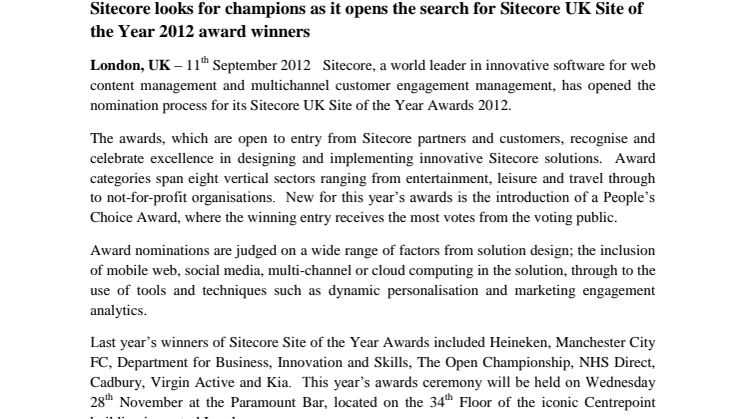 Sitecore looks for champions as it opens the search for Sitecore UK Site of the Year 2012 award winners
