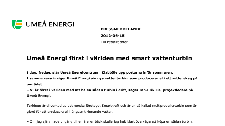 Umeå Energi först i världen med smart vattenturbin
