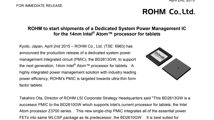 ROHM to start shipments of a Dedicated System Power Management IC for the 14nm Intel® Atom™ processor for tablets