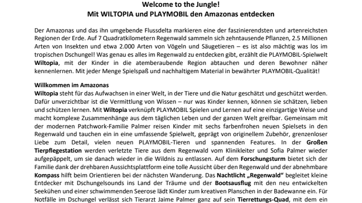 Pressemitteilung "Welcome to the Jungle! Mit WILTOPIA und PLAYMOBIL den Amazonas entdecken"