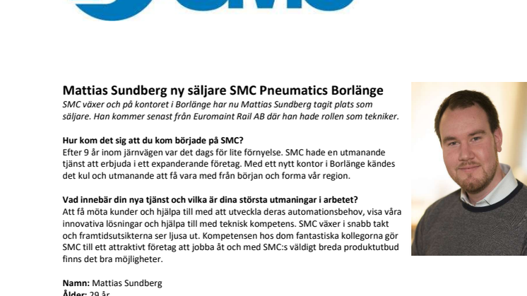Mattias Sundberg ny säljare SMC Pneumatics Borlänge