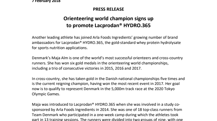 Press Release – ​Orienteering world champion signs up  to promote Lacprodan® HYDRO.365