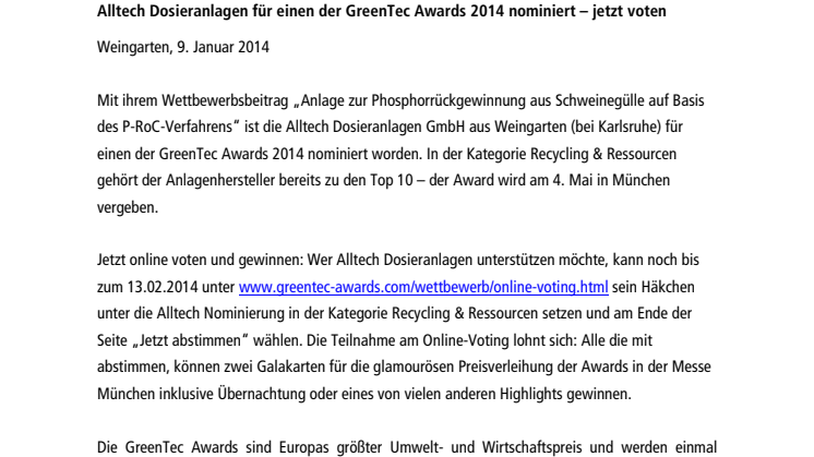 Alltech Dosieranlagen für einen der GreenTec Awards 2014 nominiert – jetzt voten