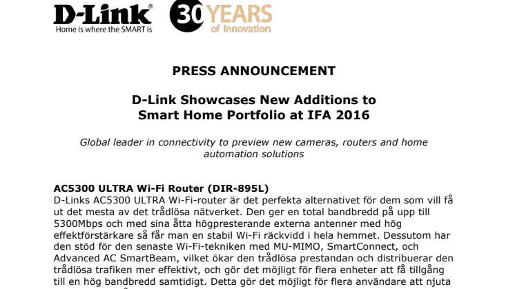 D-Link utökar säkerheten i Smarta Hemmet - smyglanserar uppdaterad produktlinje på IFA 2016