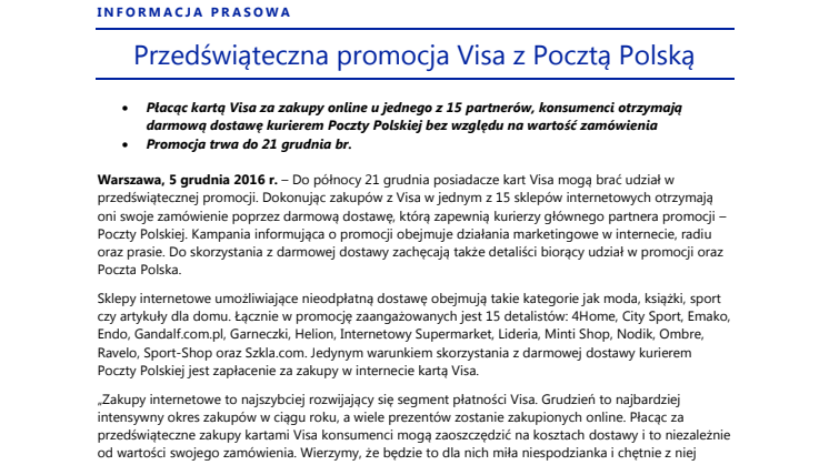 Przedświąteczna promocja Visa z Pocztą Polską