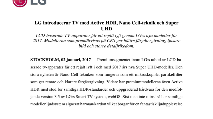 LG introducerar TV med Active HDR, Nano Cell-teknik och Super UHD