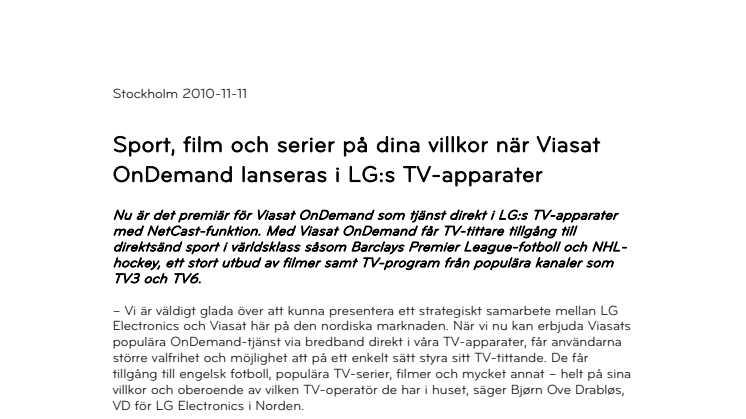 Sport, film och serier på dina villkor när Viasat OnDemand lanseras i LG:s TV-apparater 