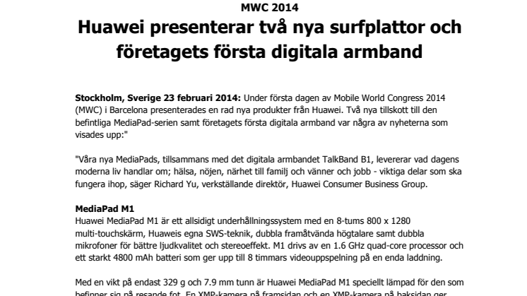 Huawei presenterar två nya surfplattor och företagets första digitala armband