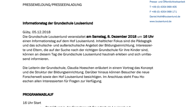 Pressemitteilung Informationstag der Grundschule Louisenlund Dezember 2018
