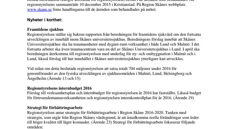 Pressinformation från regionstyrelsens sammanträde 10 december 2015