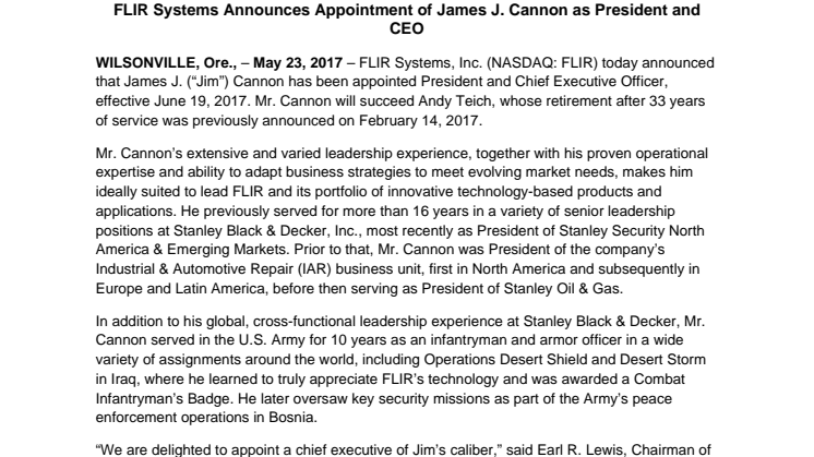 FLIR: FLIR Systems Announces Appointment of James J. Cannon as President and CEO