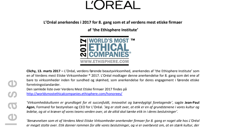 Verdens mest etiske firmaer - L'Oréal på listen for 8. gang i 2017