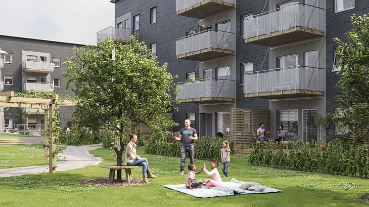 BoKlok bygger tre etapper; Aroma, Melba och Astrakan, på Drottninghög i Helsingborg både inför, under och efter H22. Bild: BoKlok