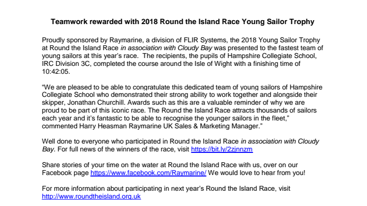 Raymarine: Teamwork rewarded with 2018 Round the Island Race Young Sailor Trophy 