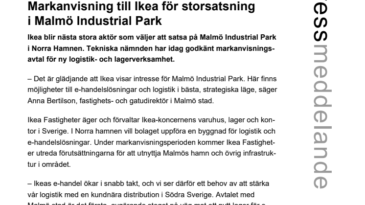 Markanvisning till Ikea för storsatsning  i Malmö Industrial Park