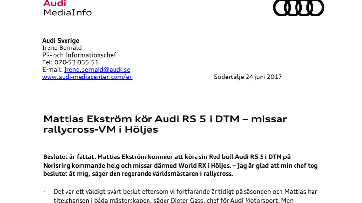 Mattias Ekström kör Audi RS 5 i DTM – missar rallycross-VM i Höljes