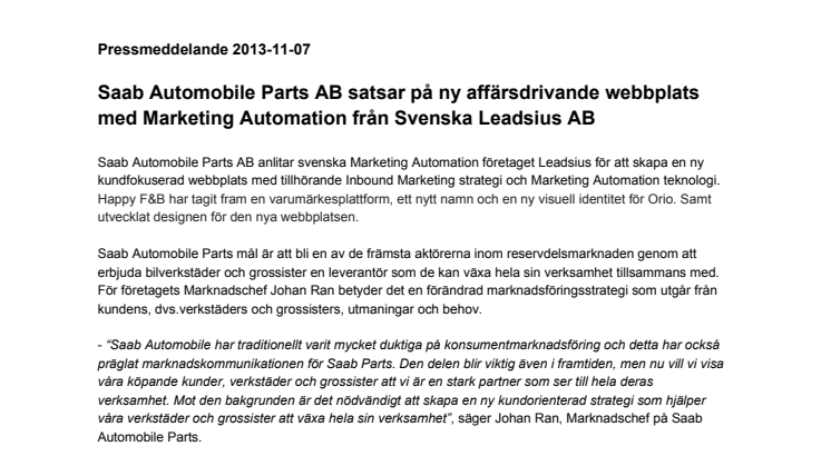 Saab Automobile Parts AB satsar på ny affärsdrivande webbplats med Marketing Automation från Svenska Leadsius AB