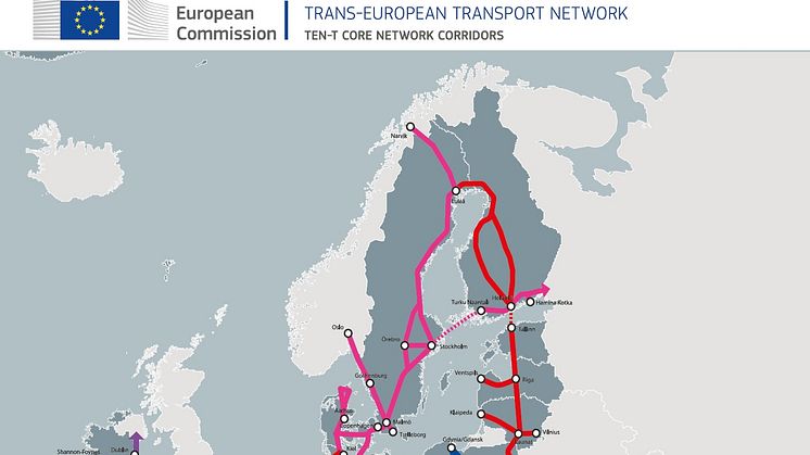 Den transeuropeiska transportkorridoren ScanMed efter beslutet i Europaparlamentet (rosa på kartan). Källa: Europeiska kommissionen.