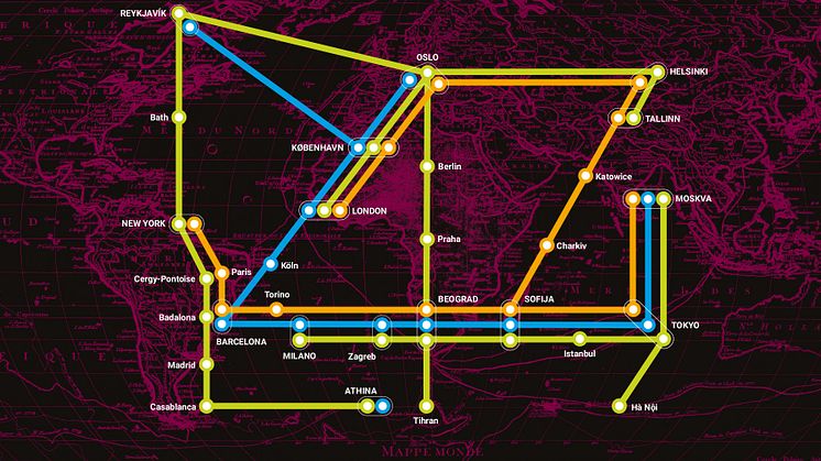 Ett urval av orter där tre populära böcker av svenska deckarförfattare getts ut. Orange linje: 1793 av Niklas Dag och Natt. Grön linje: Isprinsessan av Camilla Läckberg. Blå linje: Sandmannen av Lars Kepler.