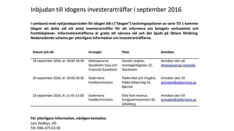 Inbjudan till Idogens investerarträffar i september 2016