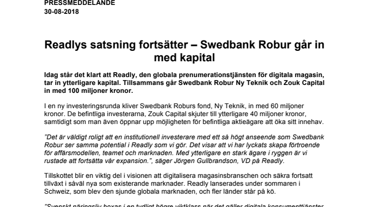 Readlys satsning fortsätter – Swedbank Robur går in med kapital